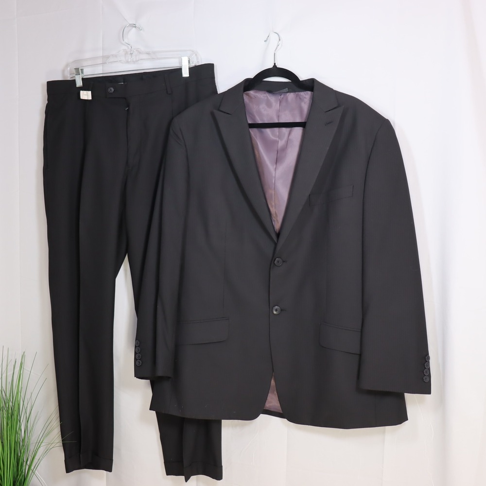 J. Ferrar Pinstripe Suit Mens 46R/38x30 Black 2-Piece Blazer Trousers Formal